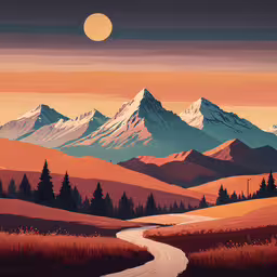 this is a colorful landscape of mountains and a road,a poster of a road running through an orange, grassy field