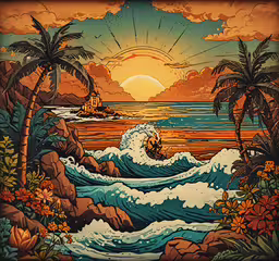 an image of sunset with waves and palm trees,a painting of a beautiful sunset on a tropical island