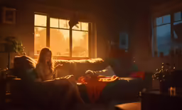 a woman sitting on a couch reading a book at sunset