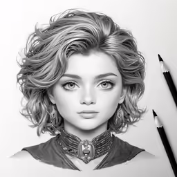 a drawing of a woman with curls on her head and a dress underneath