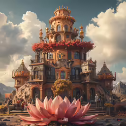 a giant flower next to a very tall house