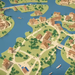 an overview of a town and a river