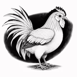 a black and white drawing of a rooster with feathers