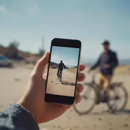 a man on a bicycle and the picture being taken on a cell phone