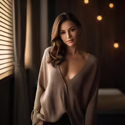 a woman standing by the window with a smile on her face