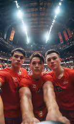 three men are standing in front of a crowd