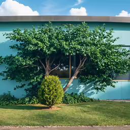 a tree in front of a building and a window