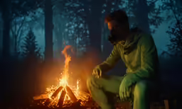 a man in yellow is sitting next to a camp fire