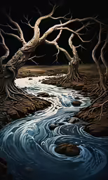 a painting of trees next to a creek at night