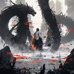 a man walking with an animal next to an animated dragon