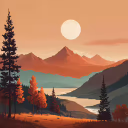 a painting of an empty field with trees on it,a landscape painting of mountains and trees at sunset