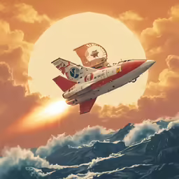a painting of an airplane flying high up in the sky