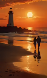 a couple of people are walking along the beach