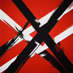 a large red and black piece of artwork with black lines in it