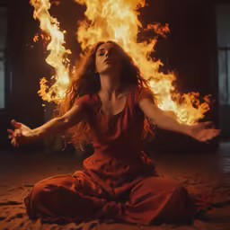 a woman in red dress sitting in front of a fire