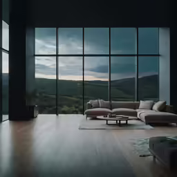 there is a couch on the floor with glass walls