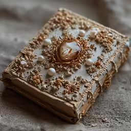 a gold and pearls decorated book on a grey linen