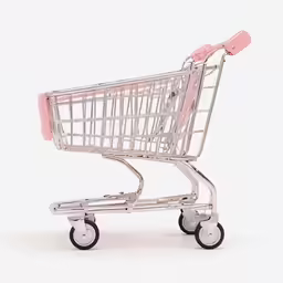 an empty shopping cart with wheels and a handle on the front