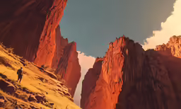 a man is hiking amongst mountains under a blue sky