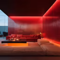 a living room with lots of red lights on it