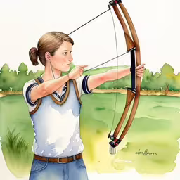 a woman in white shirt holding a bow and looking at the camera,the illustration depicts a girl aiming a bow at something
