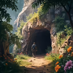 a person standing in front of a tunnel surrounded by trees