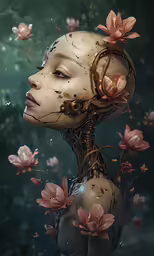 a woman has a head filled with flowers