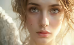 a pretty woman with freckles, hair and blue eyes