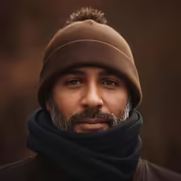 a man in a hat and scarf looks at the camera