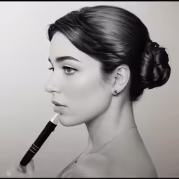 a woman with black hair holding a lipstick brush