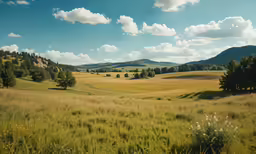 the view from a grassy valley near many trees