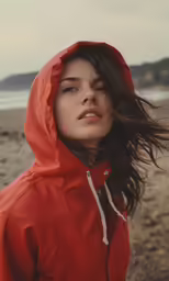 a beautiful young lady standing in front of the ocean