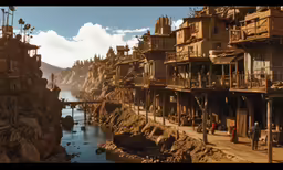 a town with lots of water and rocks next to it