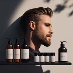 a bearded man sitting with many bottles next to him