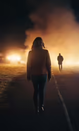 two people walking in the street at night