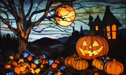 many glowing pumpkins on a field with a full moon