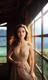 a woman posing in front of an open window