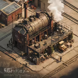 an old steam engine is being worked on in an industrial area