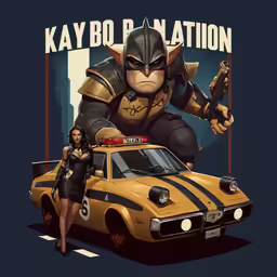 a woman standing in front of a car with a batman poster behind her