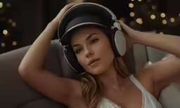 a young woman wearing headphones sitting on a couch
