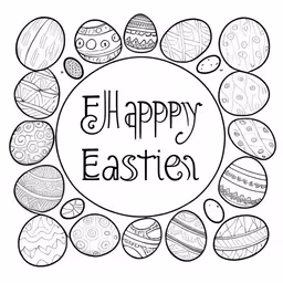 a black and white drawing of eggs in a circle saying happy easter