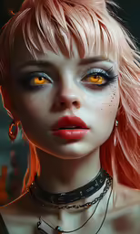 a blonde haired woman with long hair and yellow eyes