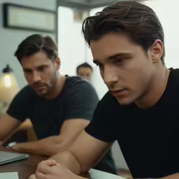 one man sitting next to another on his laptop