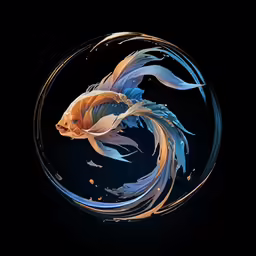 a painting of an abstract goldfish in a circular frame
