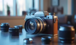 a camera sitting on top of a wooden table