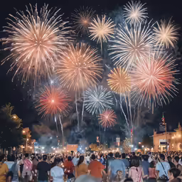 a crowd of people standing around an open field watching fireworks