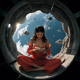 a woman is sitting down reading something in the sky