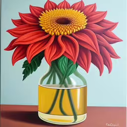 the colorful painting has a vase filled with flowers,a painting of a large, colorful flower in a yellow vase