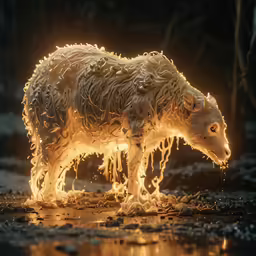 a white sculpture of an animal standing on top of a wet road