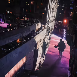 a person walking along a street at night